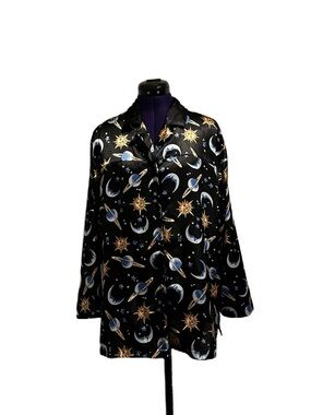 Black Sun Moon Stars Satin Long Sleeve Sleepwear Top